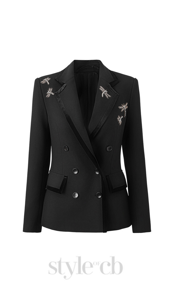 Nail Drill Dragonfly Embroidery Blazer in black