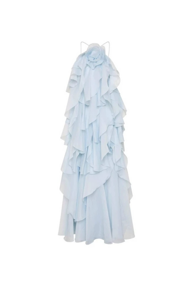 Caysie Halter Floral Ruffle Layered Maxi Dress in Blue