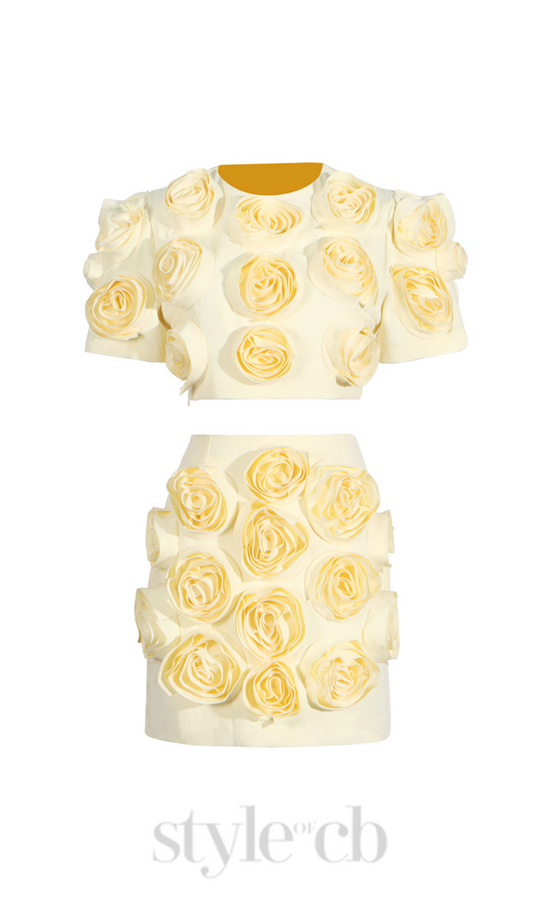 3D FLOWER BUBBLE SLEEVE TOP SKIRT SUIT IN YELLOW