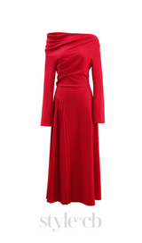 ALBERTA RED ONE SHOULDER SLIT PLEATED MAXI DRESS