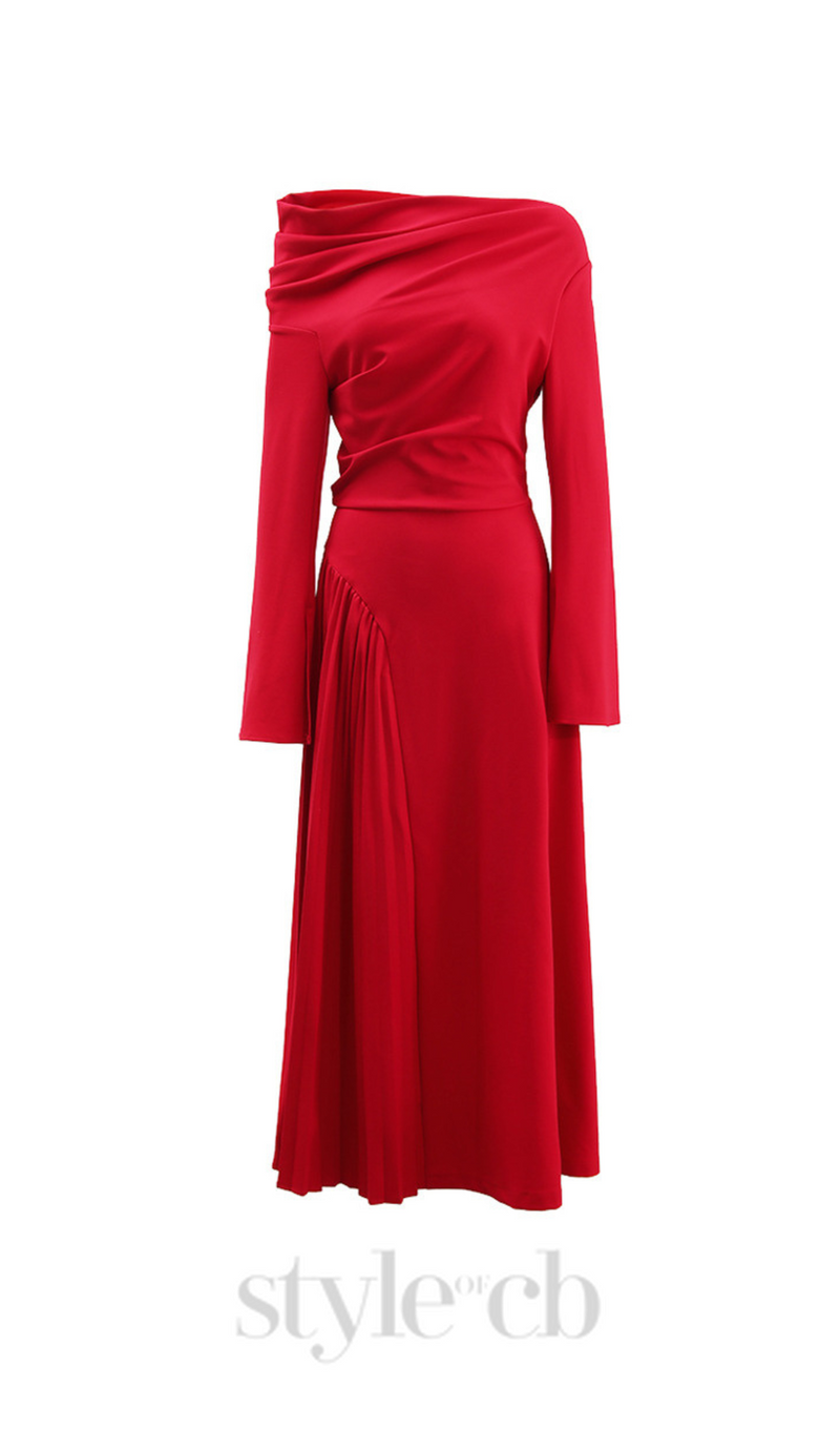 ALBERTA RED ONE SHOULDER SLIT PLEATED MAXI DRESS