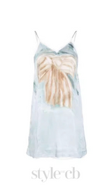 BOW-PRINT TULLE-TRIMS SATIN MINI DRESS IN PALE BLUE