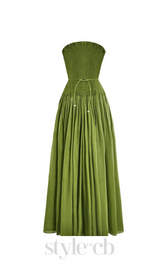 pleated belt chiffon strapless maxi dress in green