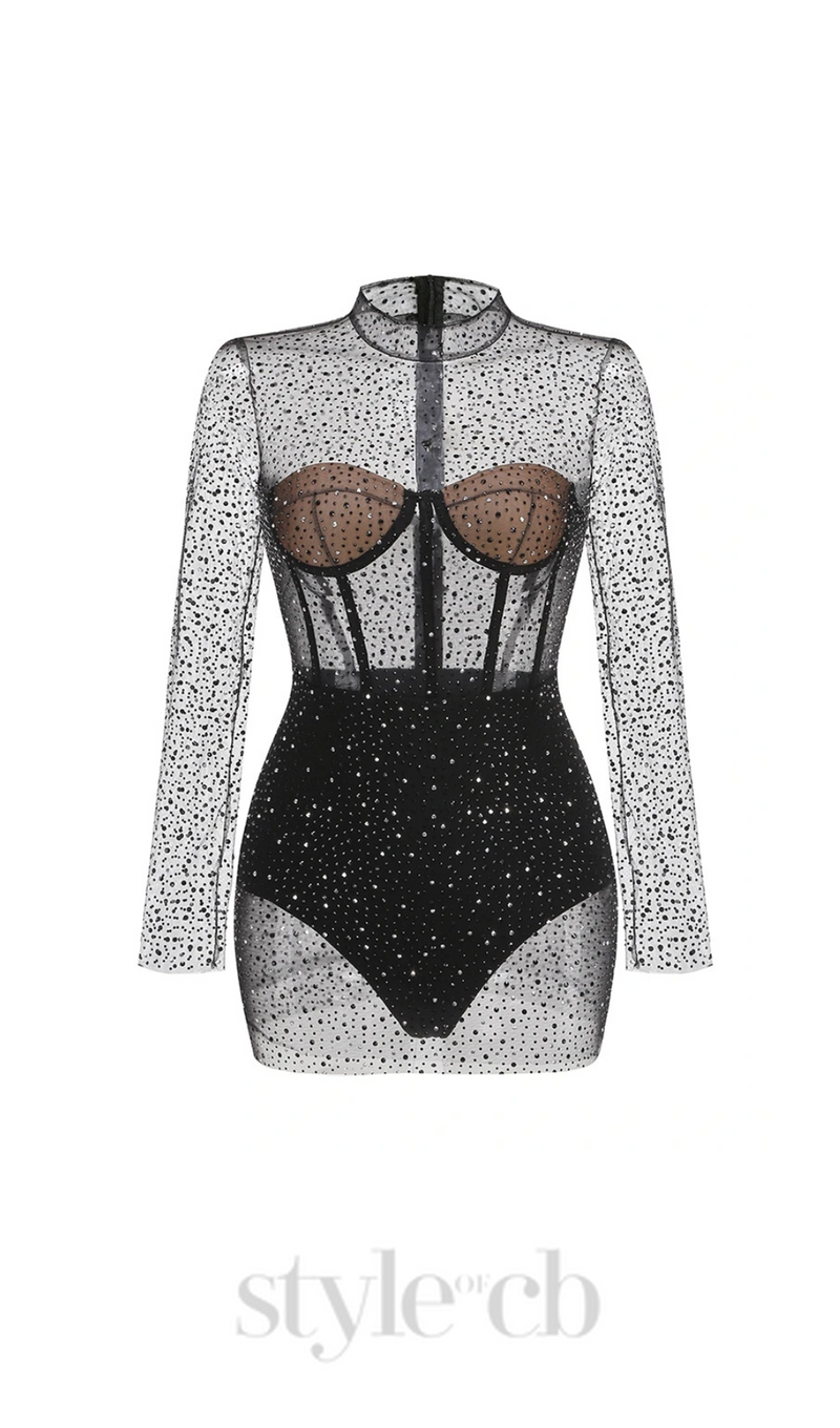 ADELE BLACK  MESH DIAMOND EMBELLISHMENT MINI DRESS