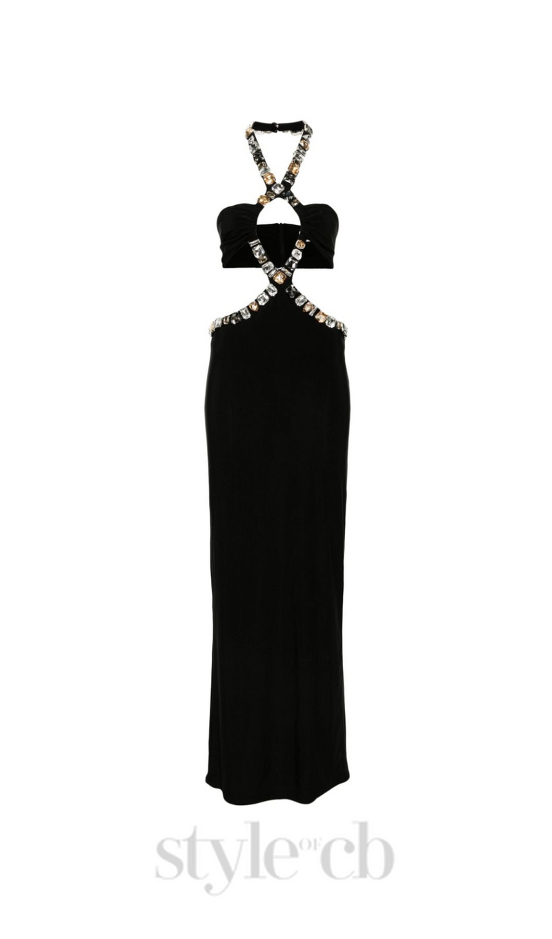 ADELA CRYSTAL EMBELLISHMENT HALTER NECK BLACK MAXI DRESS