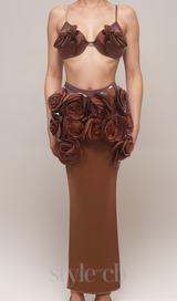 EVANGELINE 3D FLOWER CROP TOP SKIRT SET IN BROWN