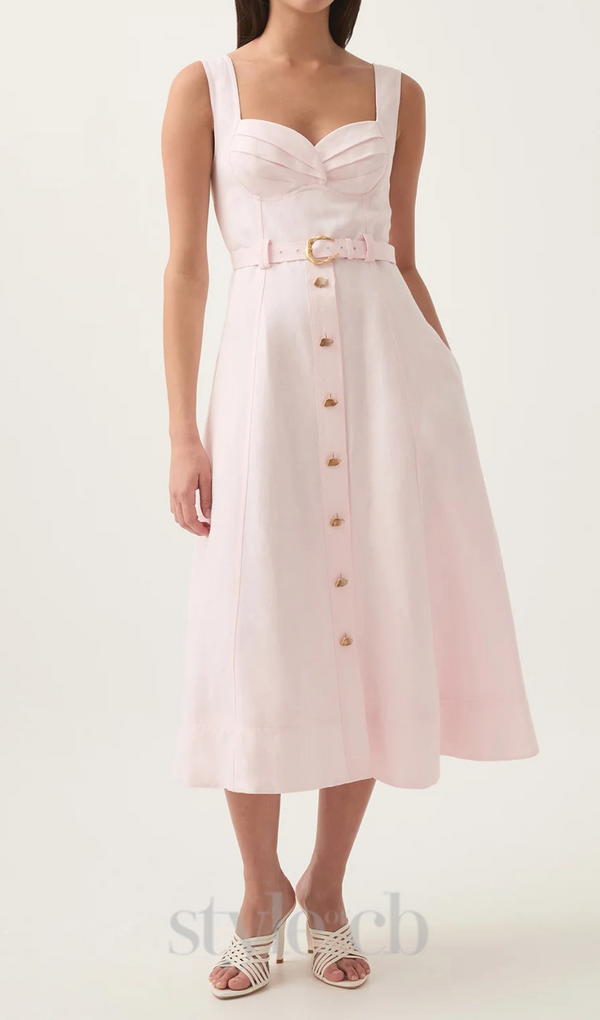 sweetheart neckline belted midi dress in pink