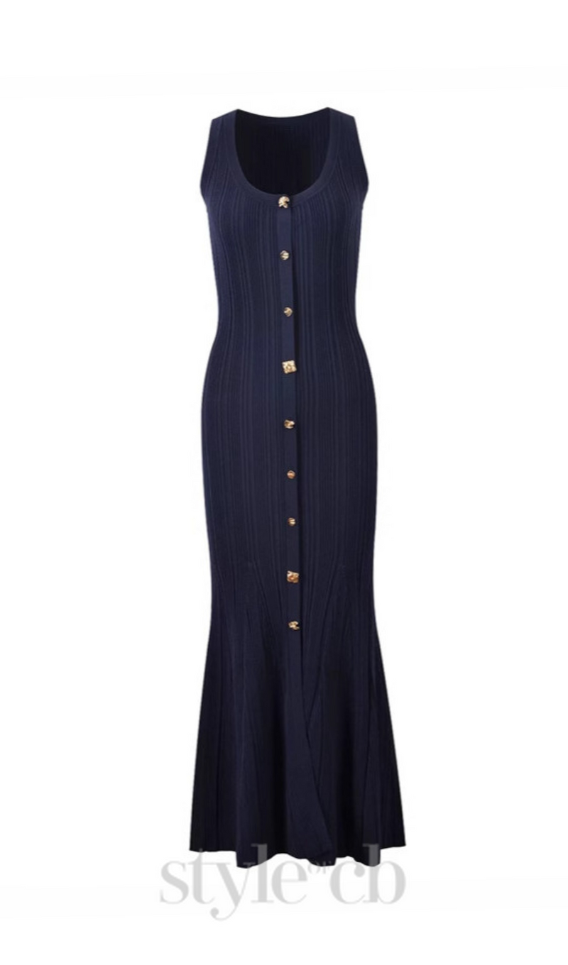 Button-embellished ribbed-knit midi dress in navy