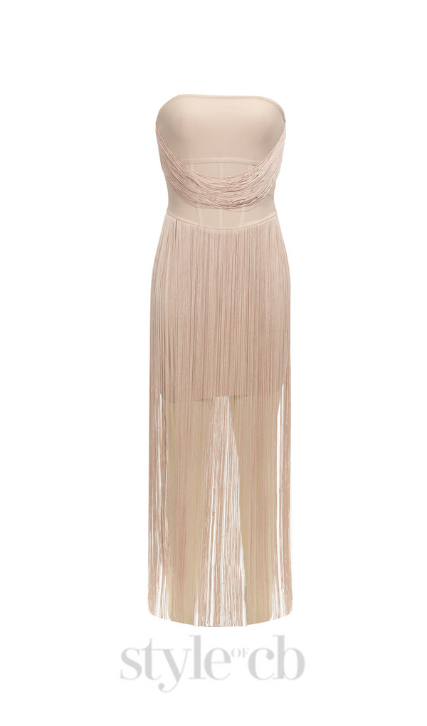 PENELOPE TULLE STRIPED EMBELLISH STRAPLESS APRICOT  MIDI DRESS