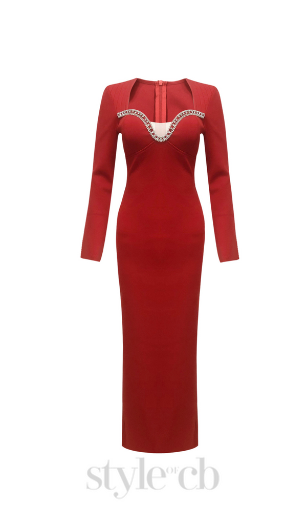 sylvia crystal embellished long sleeve maxi dress in red