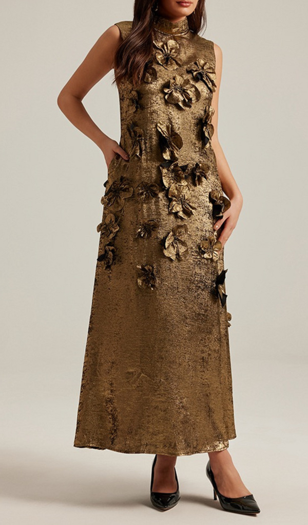 3d floral embellished maxi dress in gold