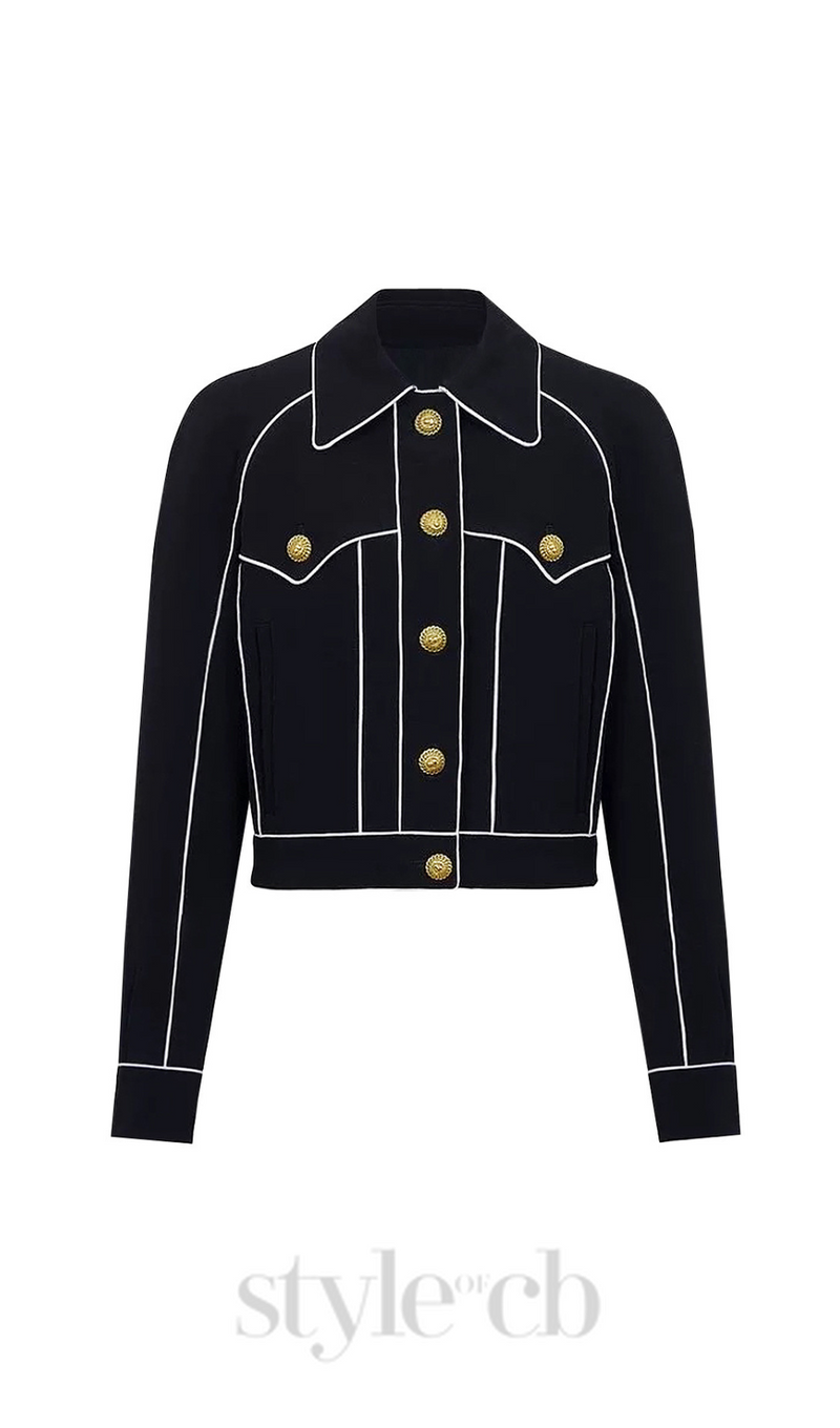 seven-button black piped-trim jacket