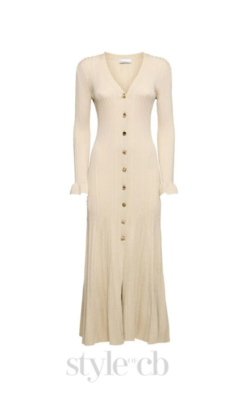 Ribbed viscose lamé midi dress in beige