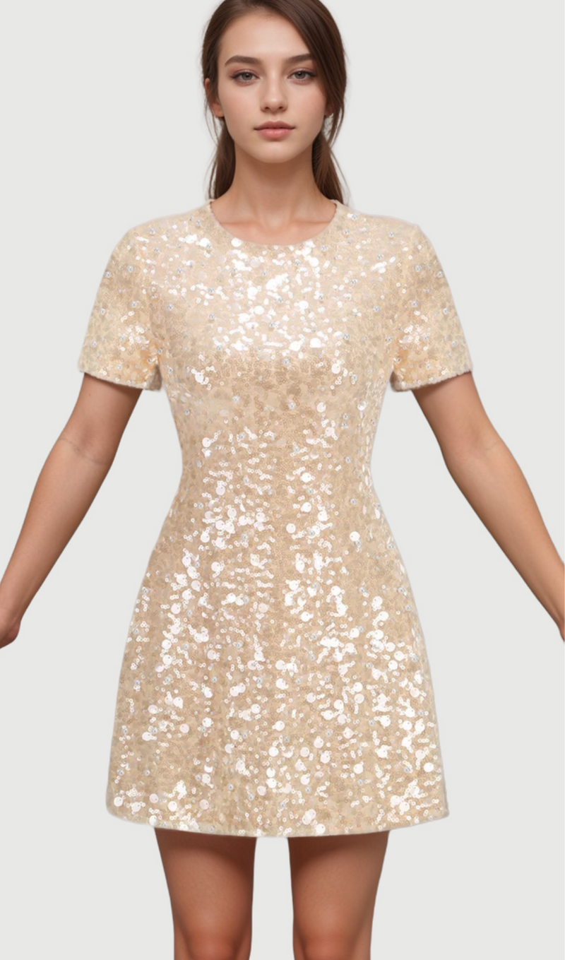 sequin embellished mini dress in gold