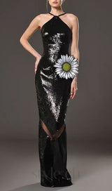 SEQUINED DRESS WITH THREAD EMBROIDERED FLOWER