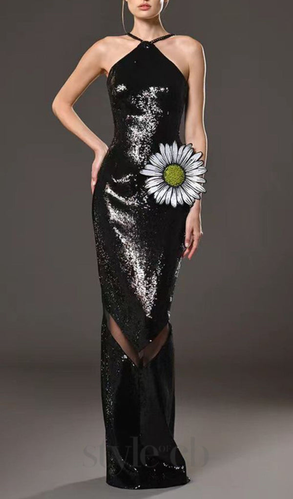 SEQUINED DRESS WITH THREAD EMBROIDERED FLOWER