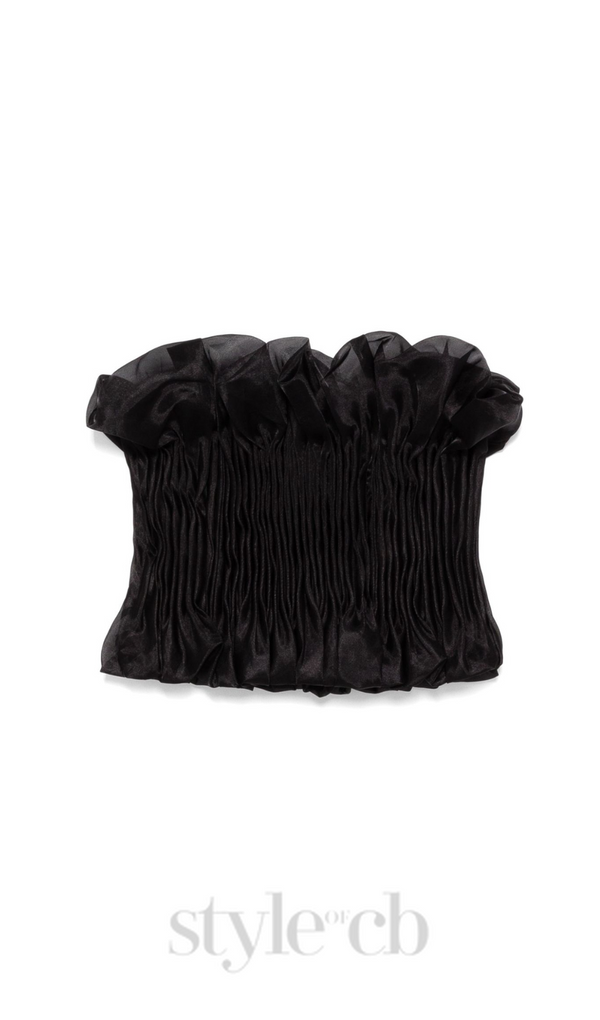 print ruffle trim top in black