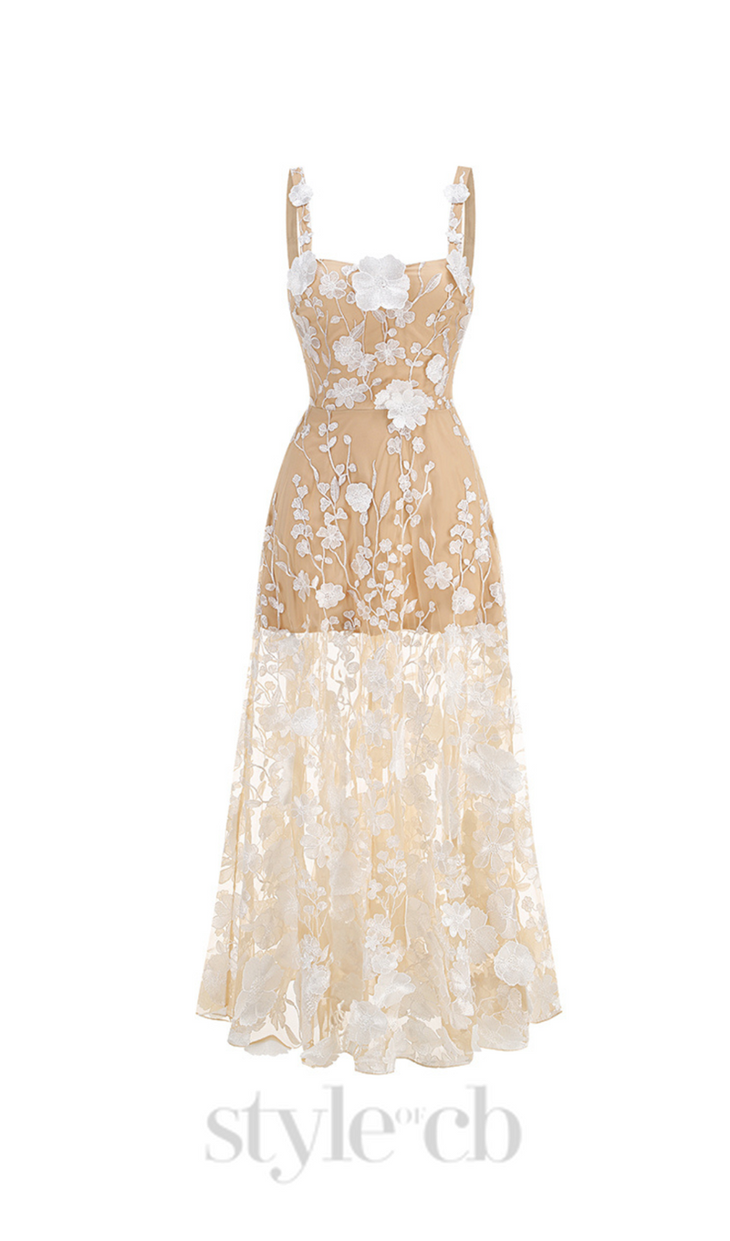 APPHIA FLORAL EMBROIDERED SLEEVELESS TULLE MAXI DRESS