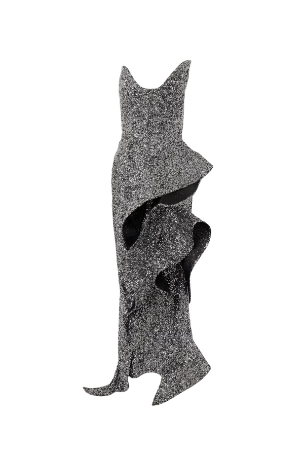 asymmetric ruffled sequined crepe gown in silver