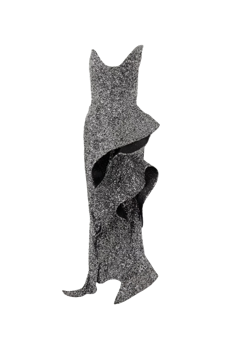 asymmetric ruffled sequined crepe gown in silver