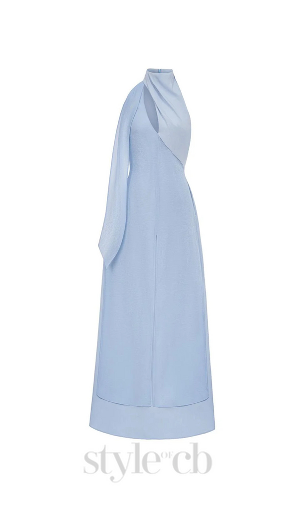 Yen Layered High Neck Floss Silk maxi Dress in blue