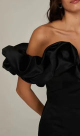 BLACK SATIN RUFFLE STRAPLESS DRESS