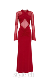 Slinky Mesh Long Sleeve Maxi Dress in Ruby