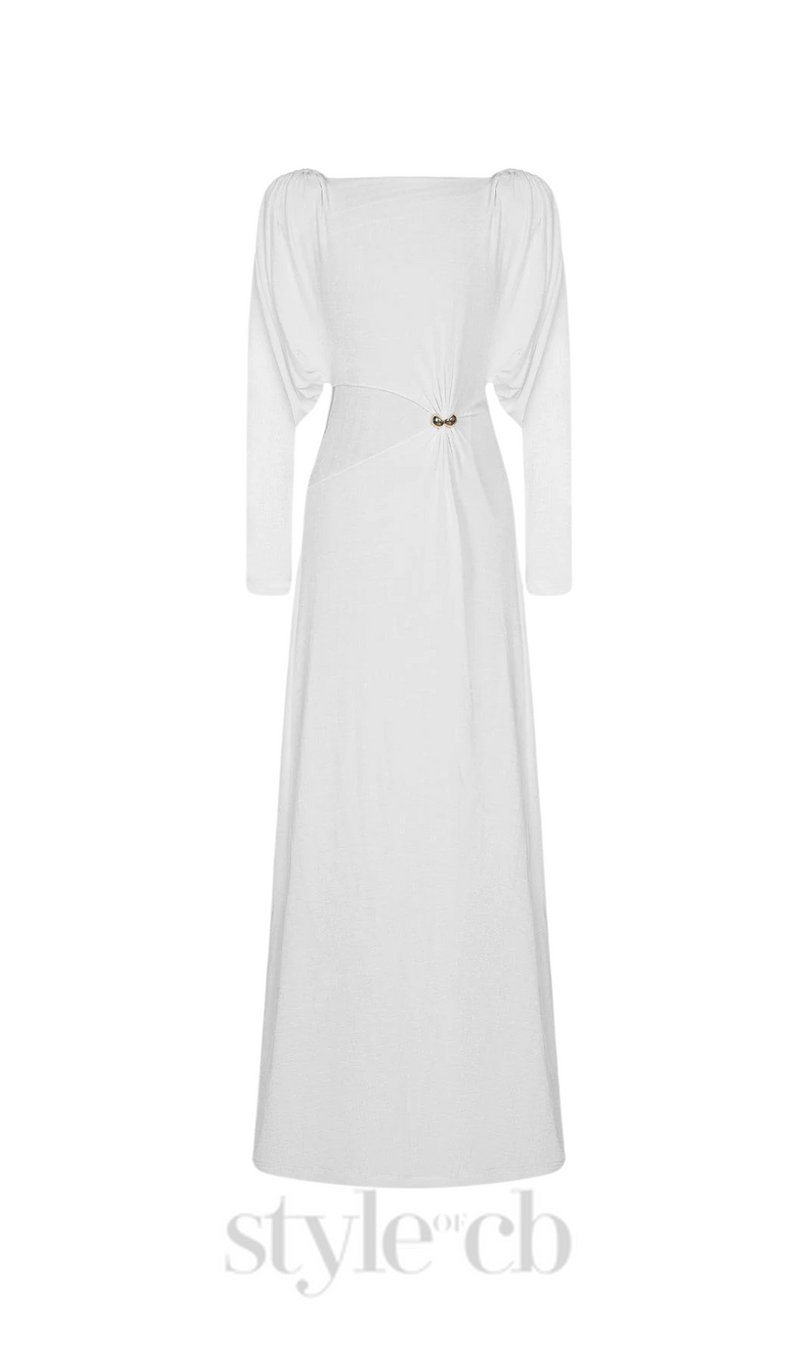 white straight boat neck knitted fabric maxi dress