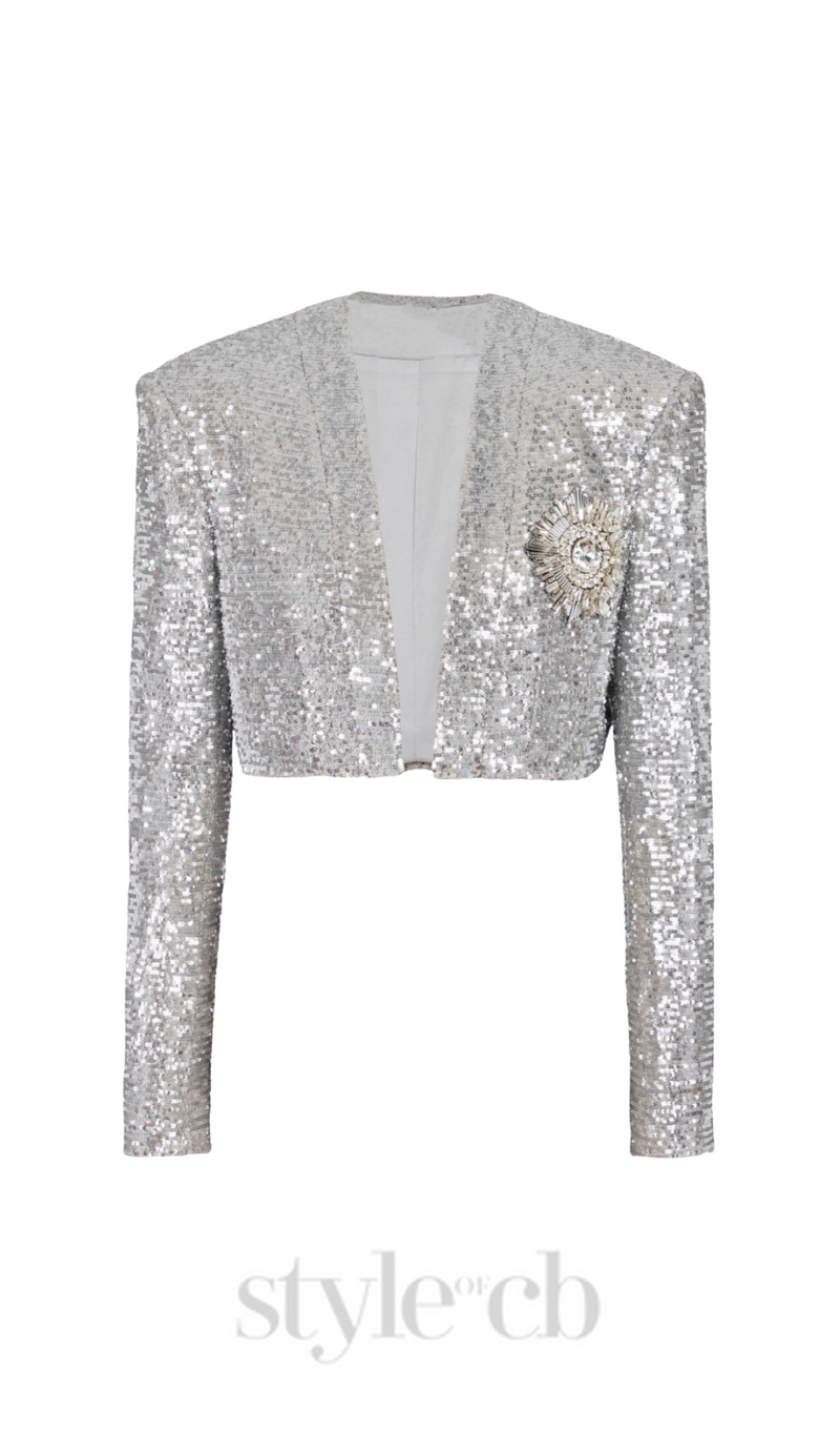 Sequin Cropped Blazer in silver