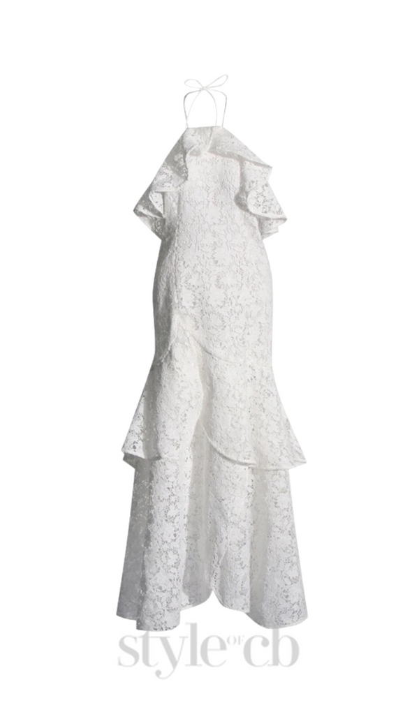 LYNN GARDENIA GUIPURE LACE RUFFLE GOWN IN WHITE