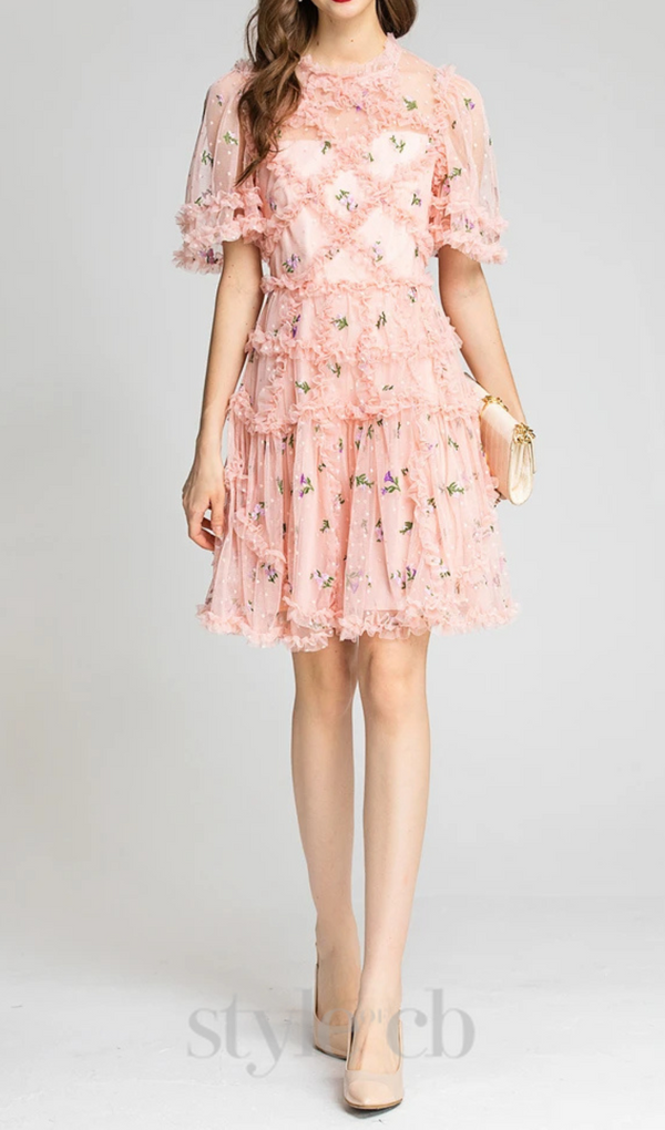 AURORA RUFFLES TULLE MINI DRESS IN PINK