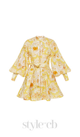 MONICA LANTERN SLEEVE FLORAL PRINT YELLOW MINI DRESS