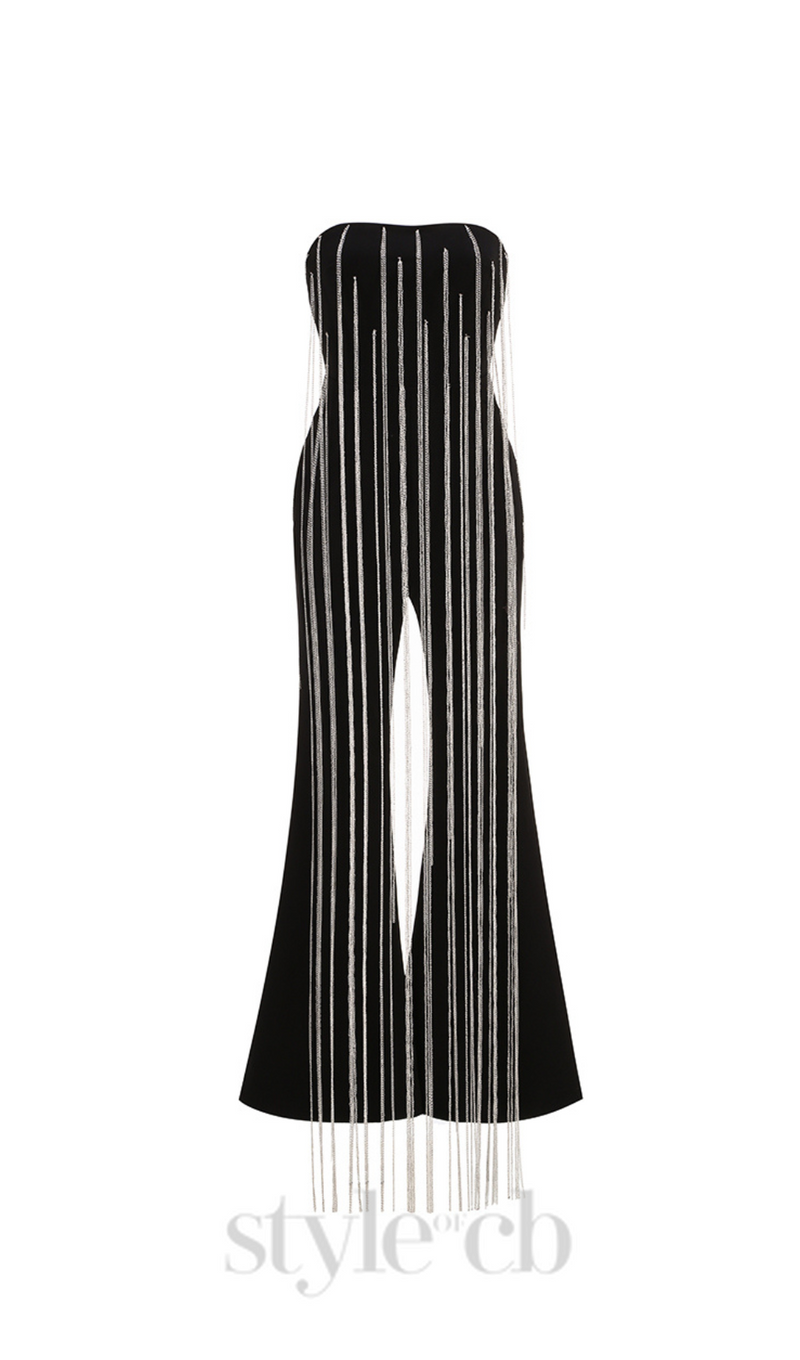 EVELYN CRYSTAL CHAIN DETAIL STRAPLESS BLACK JUMPSUIT