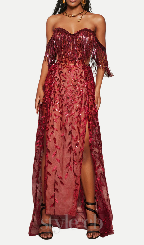 Codruta Strapless Leafy Fringe Maxi Dress In Wine