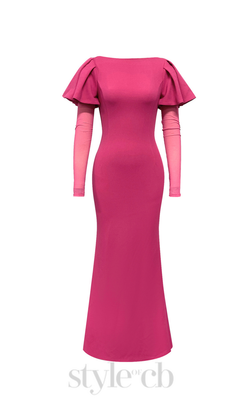 HILDA RUFFLE TRIM SLEEVE BODYCON MAXI DRESS IN ROSE RED