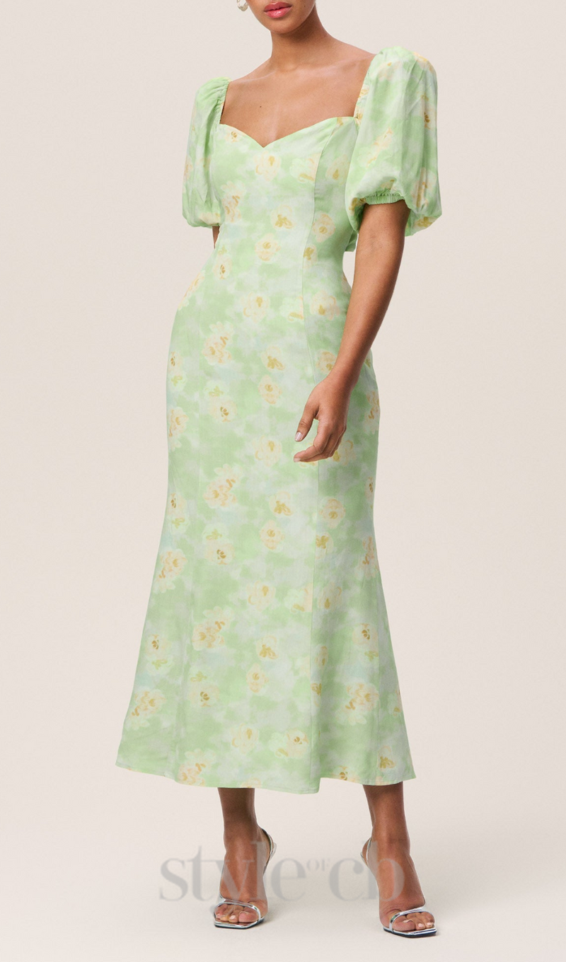 puff sleeve floral square neckline midi dress in green