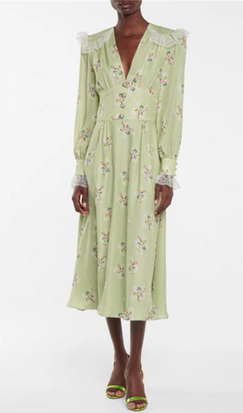 LIGHT GREEN V NECK FLORAL SILK MIDI DRESS