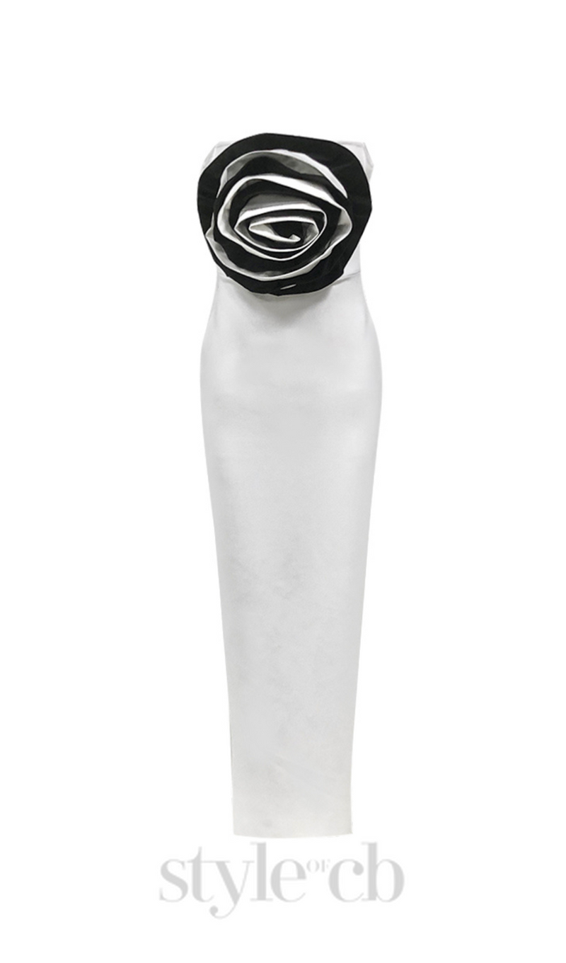 ELLEN 3D FLOWER STRAPLESS BODYCON MAXI DRESS IN WHITE