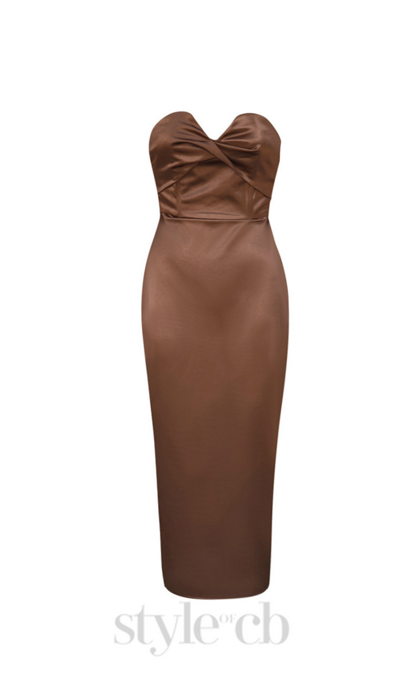 backless split twist-front bodycon midi dress in brown