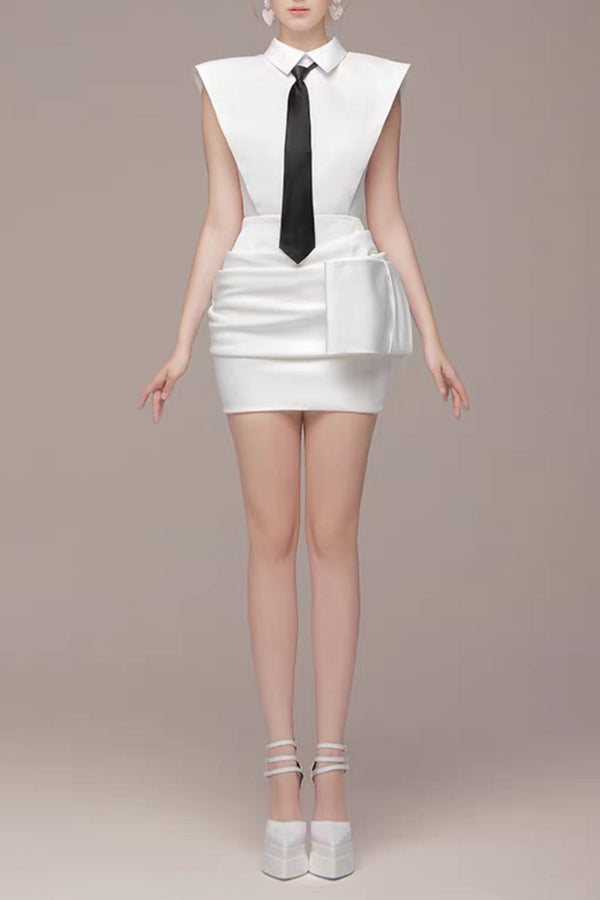 White Bowknot Mini Dress With Necktie