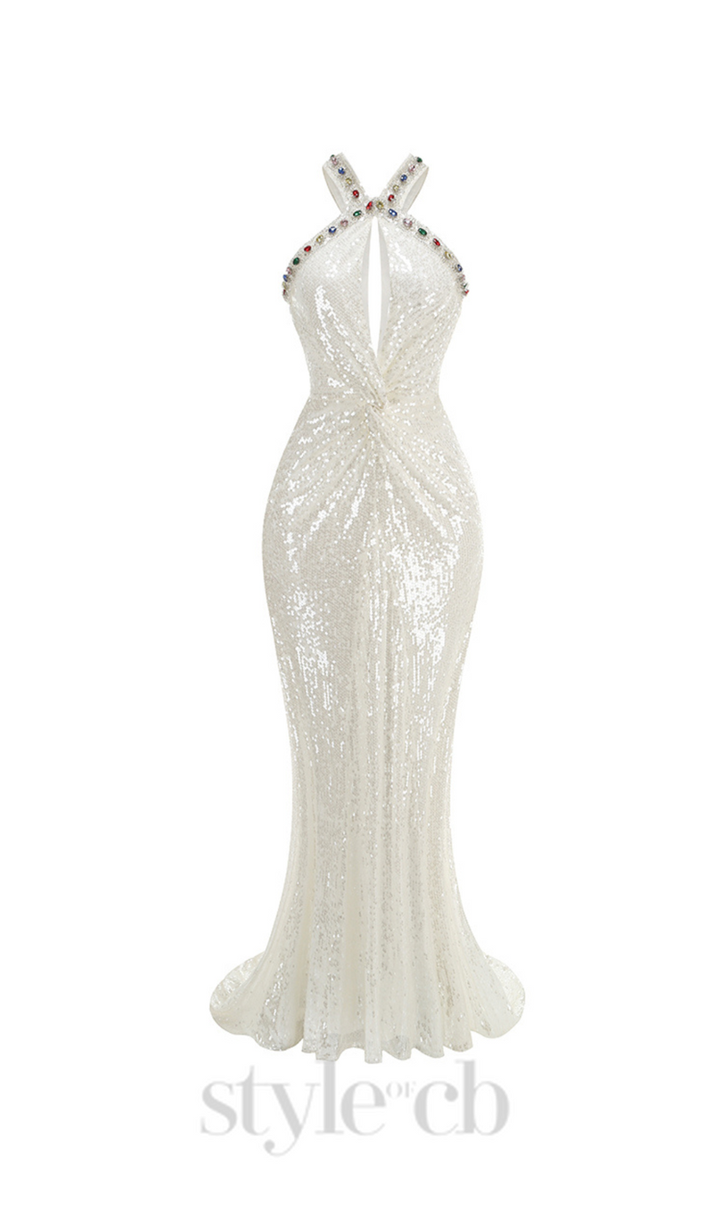 ELSA CRYSTAL EMBELLISHED SEQUIN MAXI DRESS IN WHITE