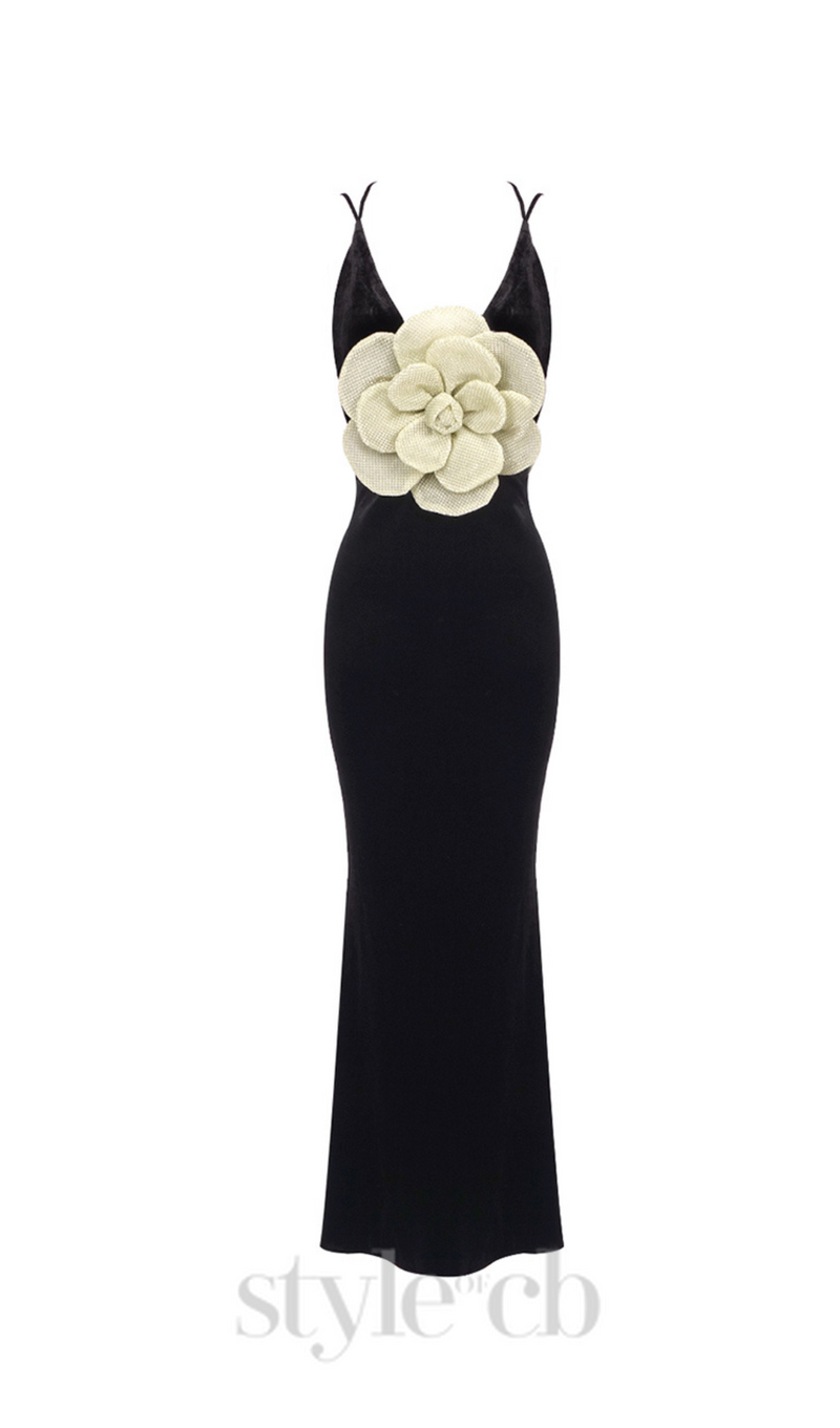 HARRIET GOLD 3D FLOWER BODYCON BLACK MAXI DRESS