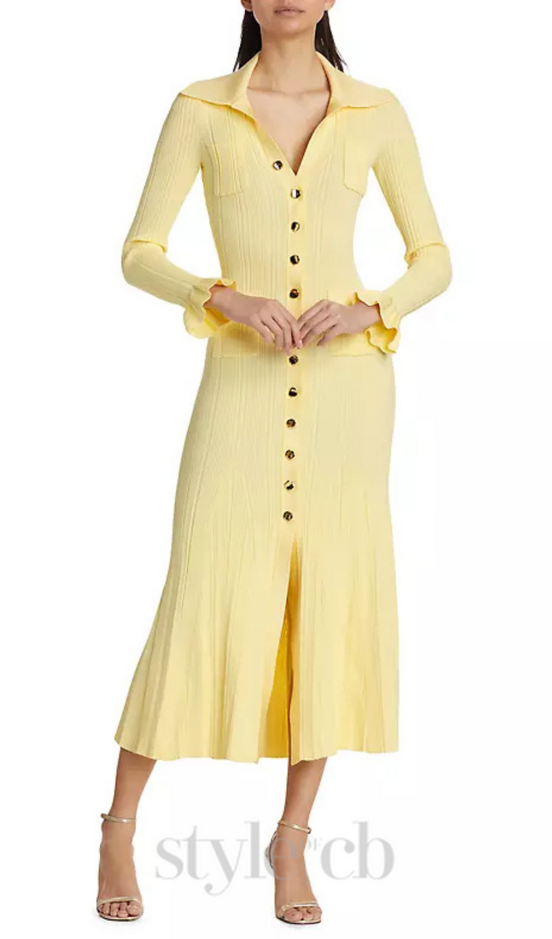 Rib-Knit Fluted Midi Shirt dress in yellow