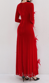 3d feather flower velvet maxi dress in red