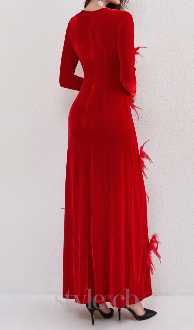 3d feather flower velvet maxi dress in red