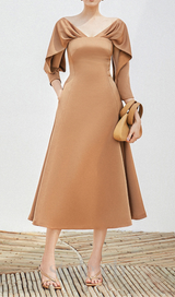 ODELIA V-NECK BROWN A-LINE MIDI DRESS