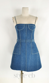 ANDREA DENIM RHINESTONE SUSPENDER MINI DRESS IN BLUE