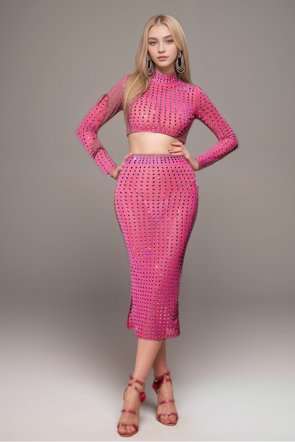 EMBELLISHED SPLIT MESH SKIRT SET IN HOT PINK