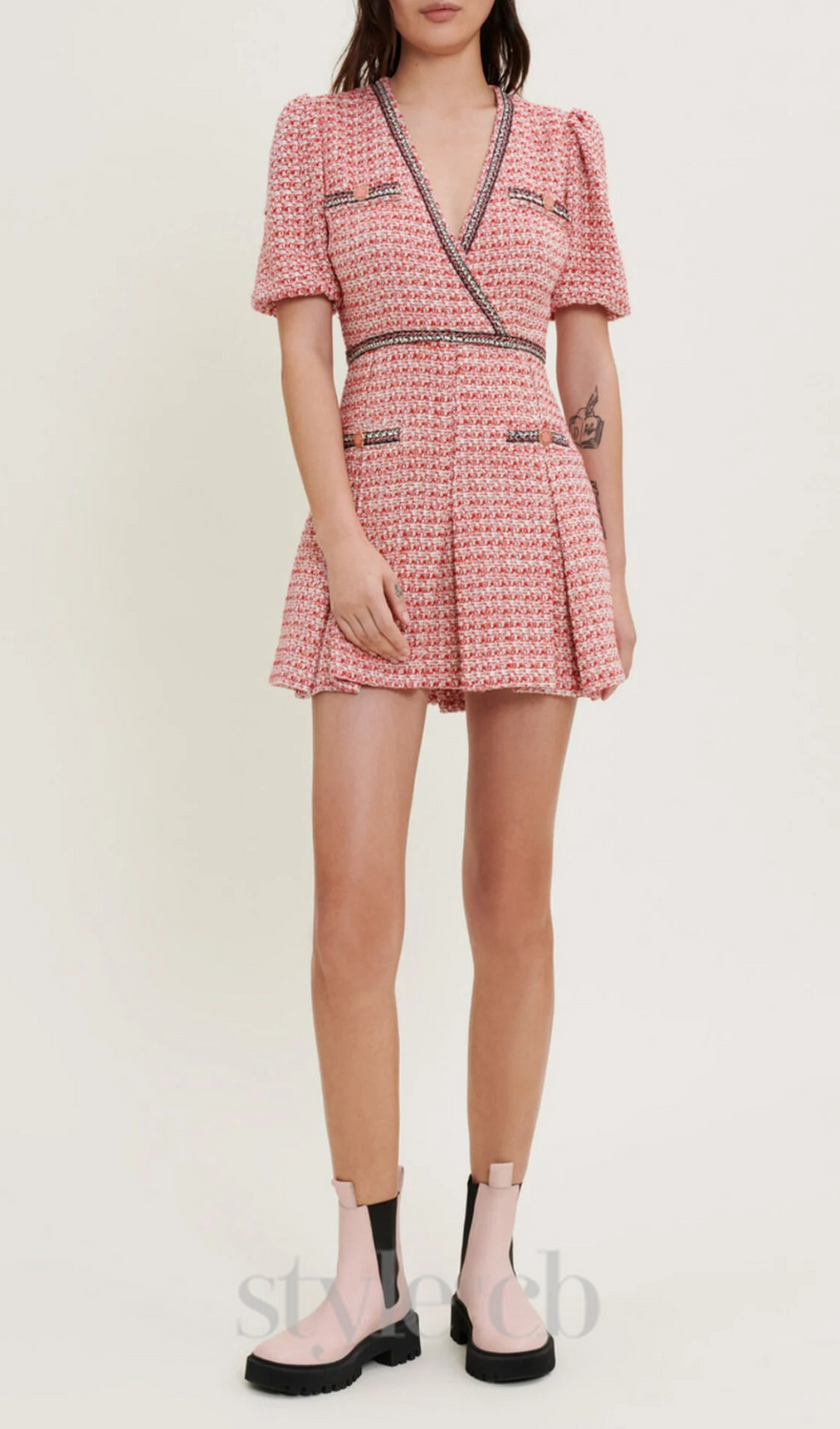 Tweed dress with ethnic trim in pink