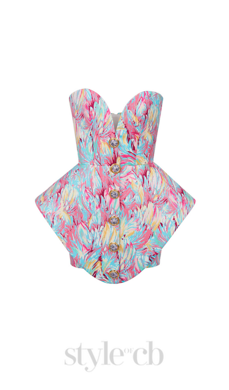 STACEY MULTICOLOR FEATHER PRINT PEPLUM BUSTIER MINI DRESS